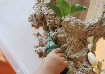 Enfant jouant avec du sable et des feuilles et jouets en forme de dinosaures